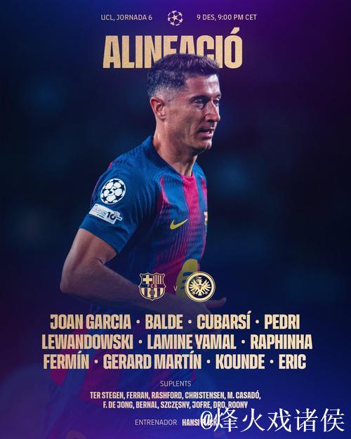 巴萨vs法兰克福：亚马尔、莱万、拉菲尼亚首发，